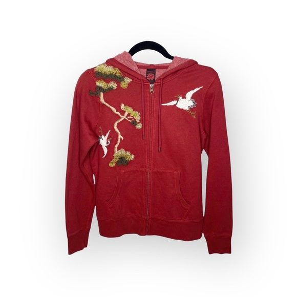 Lucky Brand Tops - VHTF: Y2K Lucky Brand ☘︎︎ Asian Crane Embroidered Zip Hoodie ☘︎︎ Ruby Red ☘︎ ︎M